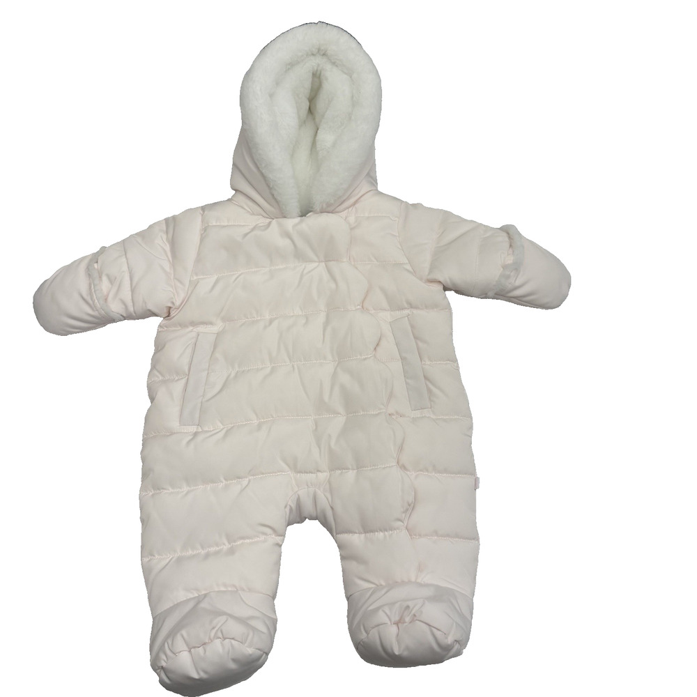Jacadi Paris Girl’s Hooded Quilted Snow Suit 6M Pale Pink Attached Mittens *Read